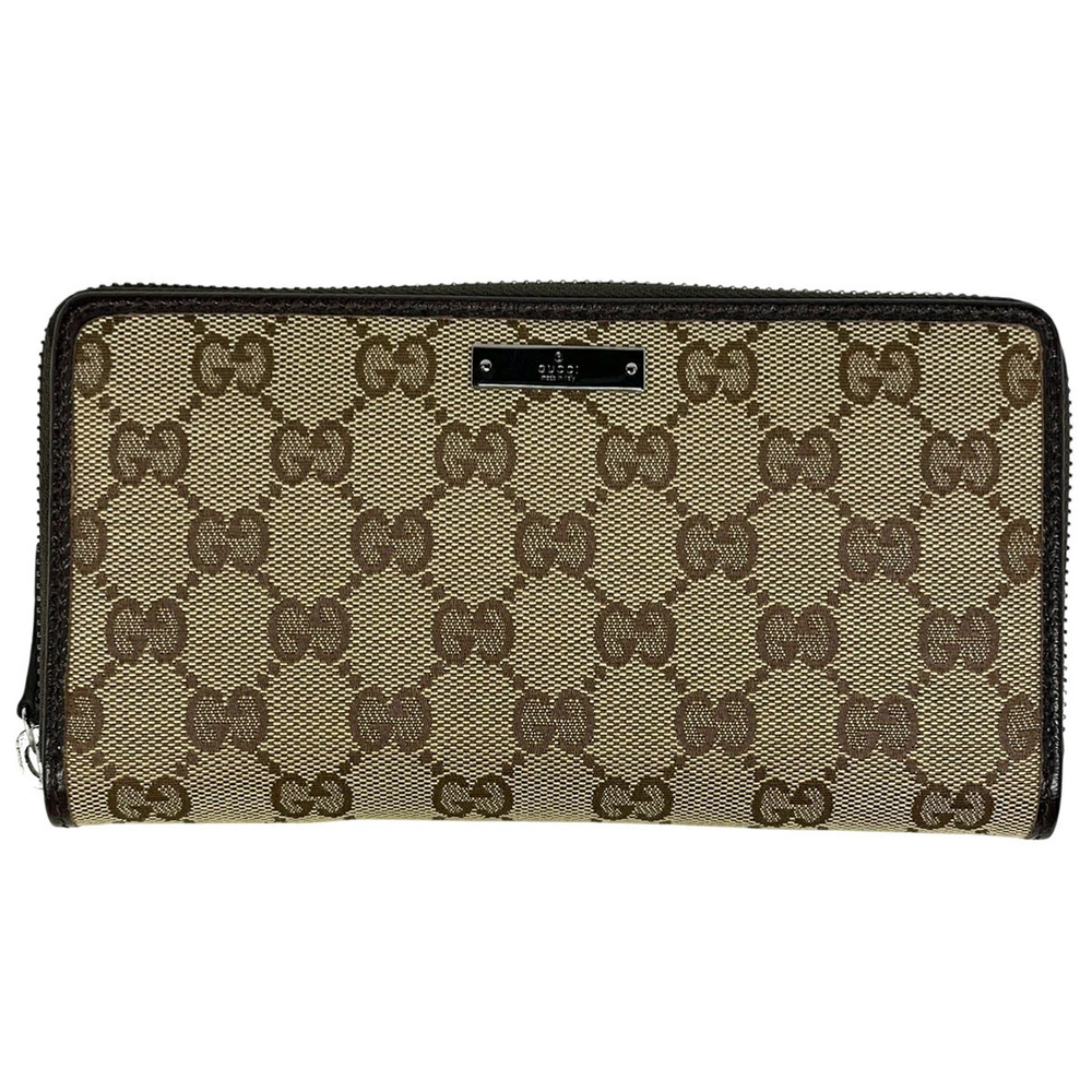 Gucci GG Round Zip Long Wallet Bill Coin Purse Canvas Brown
